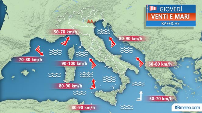 Meteo Italia: venti forti giovedì, raffiche previste
