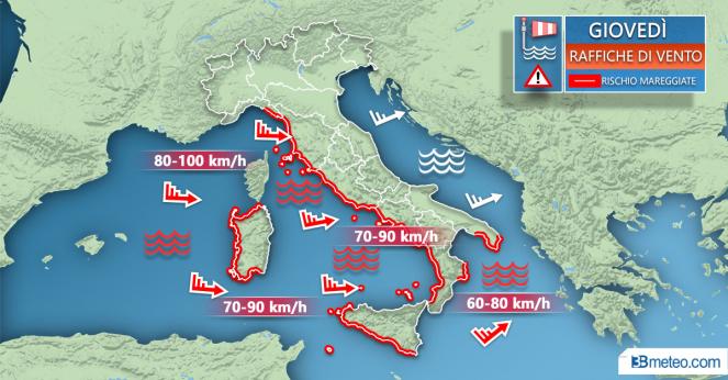 Meteo Italia: venti previsti giovedì