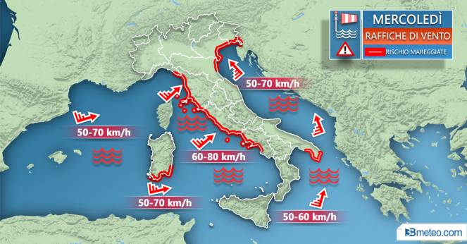 Meteo Italia: venti previsti mercoledì