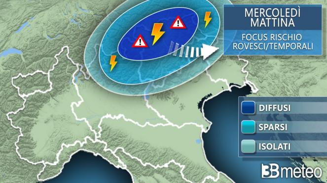 Meteo: le aree a maggior rischio rovesci e temporali mercoledì 29 mattina