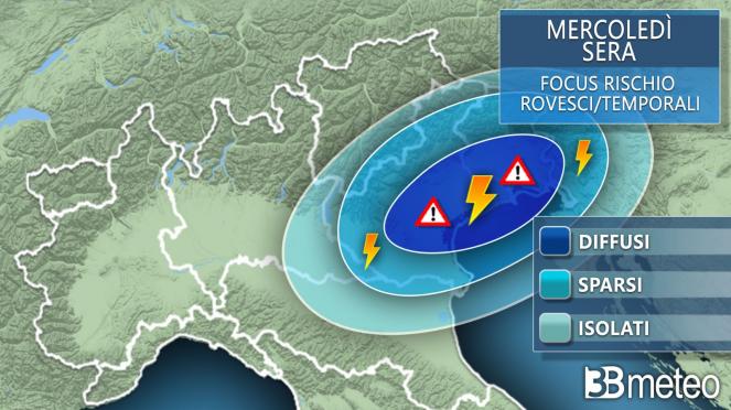 Meteo: le aree a maggior rischio rovesci e temporali mercoledì 29 sera
