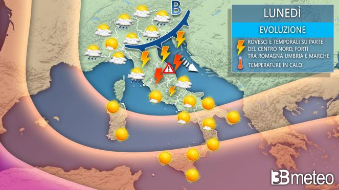 Meteo lunedì, attenzione ai forti temporali tra Umbria e Marche