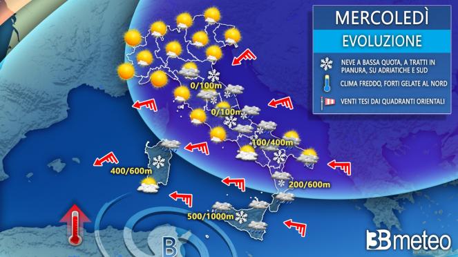 Meteo mercoledì: freddo e neve a quote basse su adriatiche e Sud