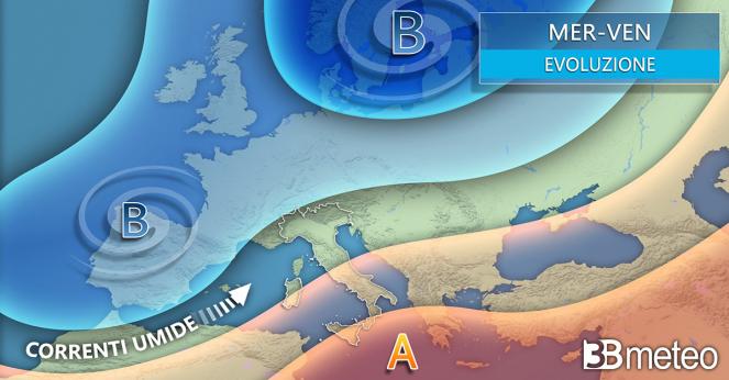 Meteo mercoledì/venerdì. Fronti in transito sull'Europa centrale, anticiclone sul basso Mediterraneo