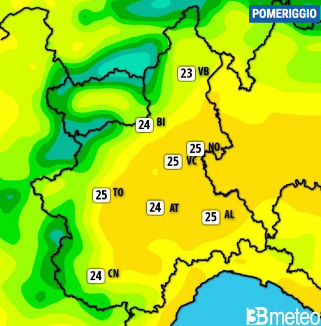 Meteo Piemonte. Temperature massime di venerdì