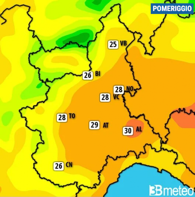 Meteo Piemonte. Temperature massime previste per sabato