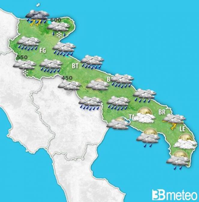 Meteo Puglia: weekend fresco con instabilità sparsa, neve fino in collina