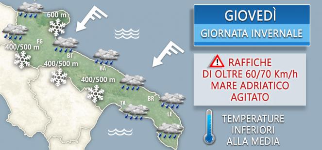 Meteo Puglia, giovedì con pioggia, freddo e neve!