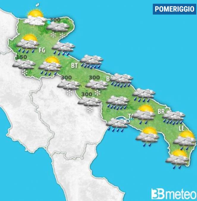 Meteo Puglia: maltempo, freddo e neve quote basse per Martedì 8 Marzo.