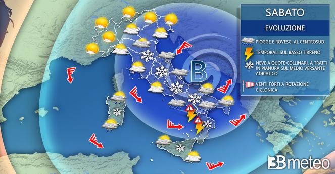 Meteo sabato. Instabilità diffusa al Centro-Sud, neve a quote basse e a tratti sul litorale adriatico