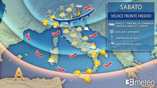 Espera-se que o tempo piore rapidamente no nordeste e na Emilia Romagna na próxima hora no sábado. 