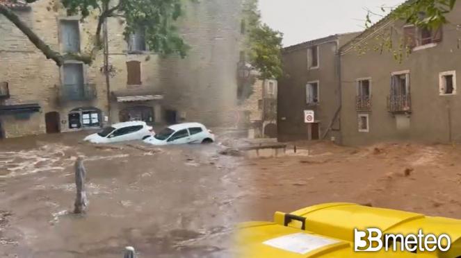 Cronaca meteo - Piogge alluvionali in Francia, caduti fino a 500mm in 24h, allagamenti e inondazioni in Occitania. Foto e video