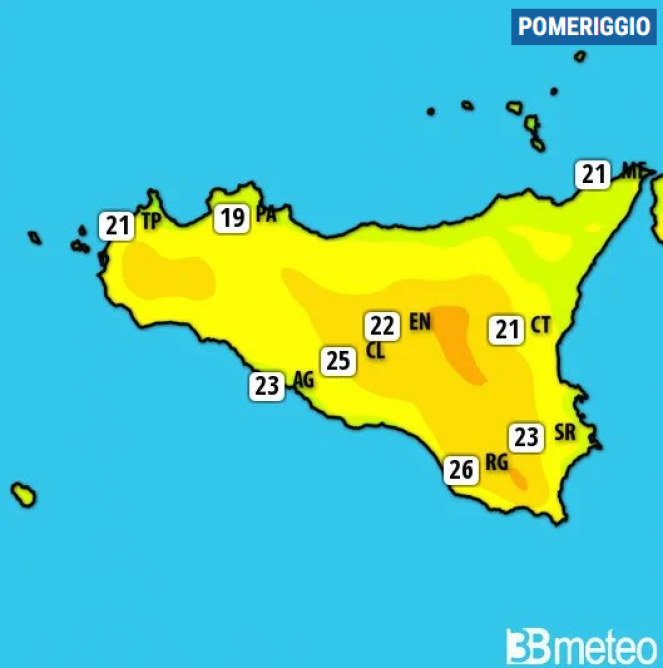 Meteo Sicilia. Temperature massime di lunedì