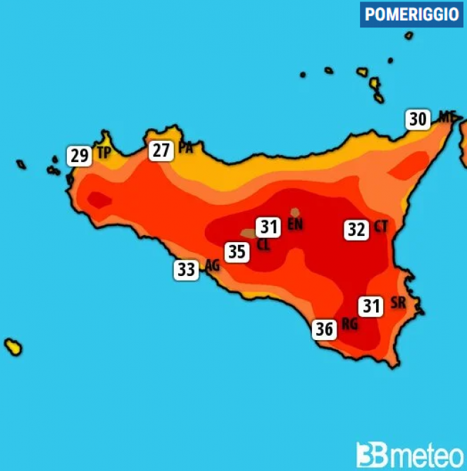Meteo Sicilia. Temperature massime di mercoledÃ¬