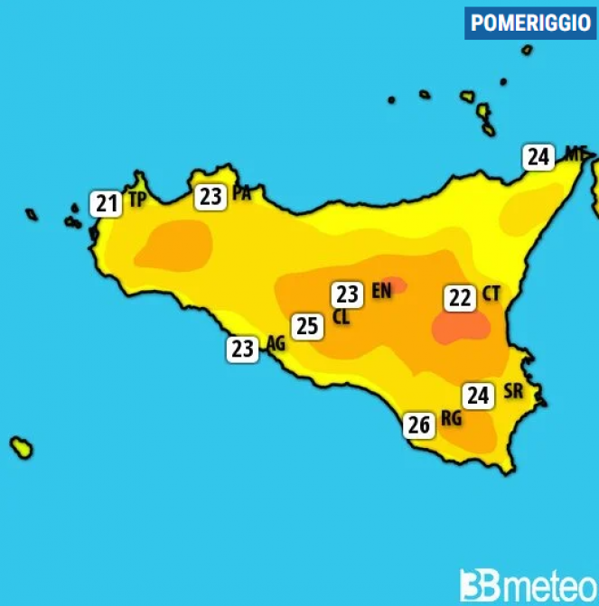 Meteo Sicilia. Temperature massime previste per domenica