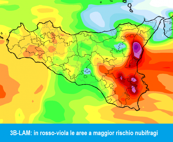 Meteo Sicilia - Distribuzione delle precipitazioni tra l'8 e il 9 febbraio: in rosso-viola le aree a maggior rischio fenomeni intensi e nubifragi. Sotto osservazione il versante ionico