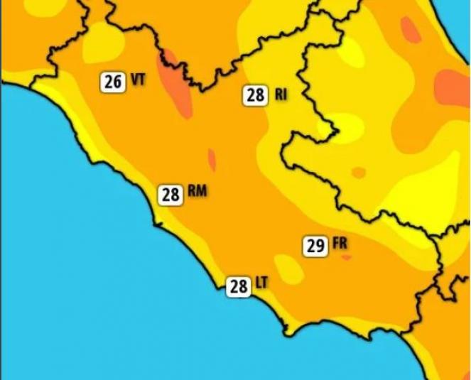 Meteo: temperature massime previste domenica 14 aprile sul Lazio