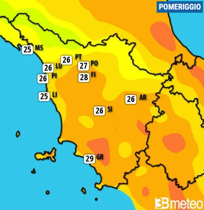 Meteo Toscana. Temperature massime di mercoledÃ¬