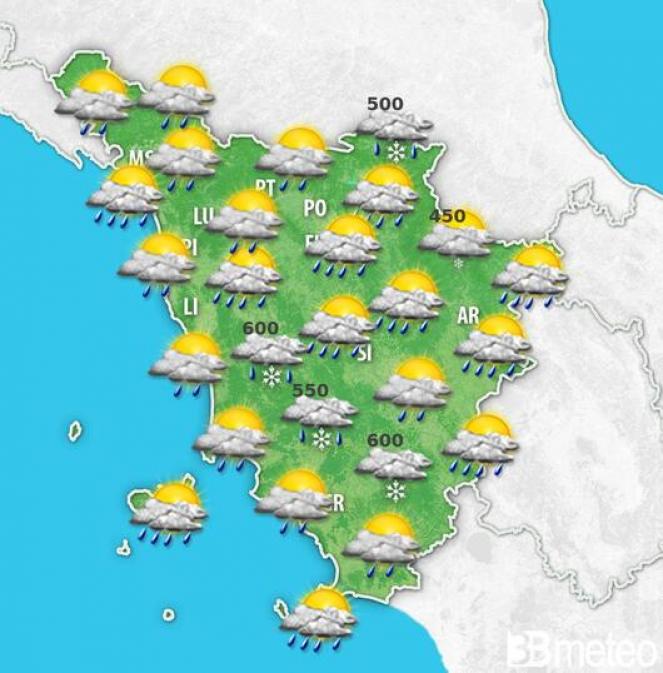 Meteo Toscana, weekend freddo con pioggia, temporali, grandine e neve a bassa quota