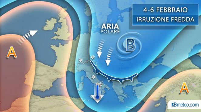 Meteo tra martedì e giovedì fronte freddo sull'Italia con repentino calo termico e neve fino a bassa quota
