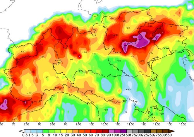 Meteo Veneto: le piogge attese in 24 ore per giovedì: rosso fino a 70mm, viola fino a 100mm