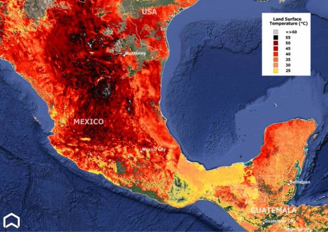 Ondata di caldo estremo in Messico (immagine sat da Copernicus)