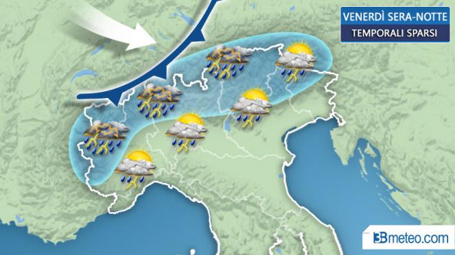 Perturbazione atlantica lambisce le Alpi: temporali anche intensi