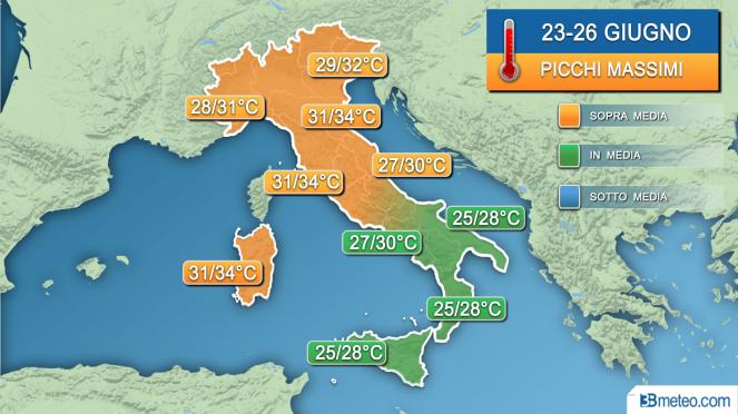Picchi massimi di temperatura previsti la prossima settimana in Italia