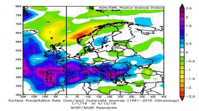 piogge in Europa: anomalie primi 4 mesi del 2018