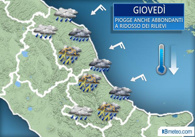 Piogge intense nella giornata di giovedì tra basse Marche e Abruzzo