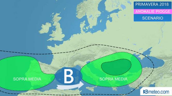 piovosità attesa in Primavera sopra la media sul Mediterraneo