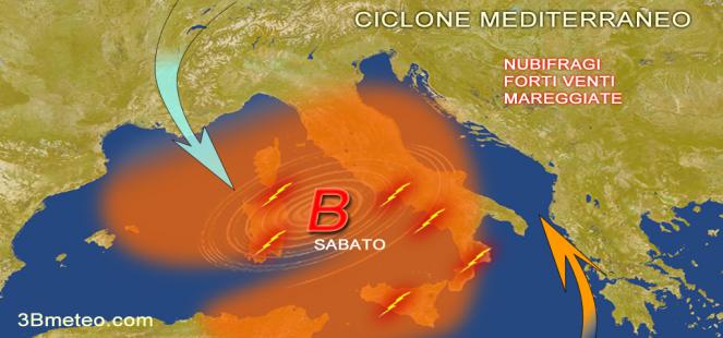 posizione del ciclone mediterraneo per sabato