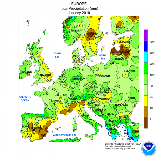 Precipitazioni cumulate in Europa a Gennaio 2019 (fonte NOAA)