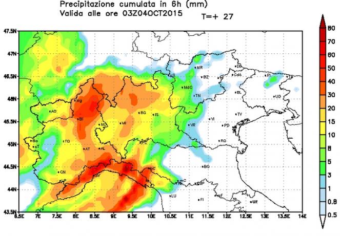 Precipitazioni previste nell'arco di 6 ore. Fonte: modello EURO4