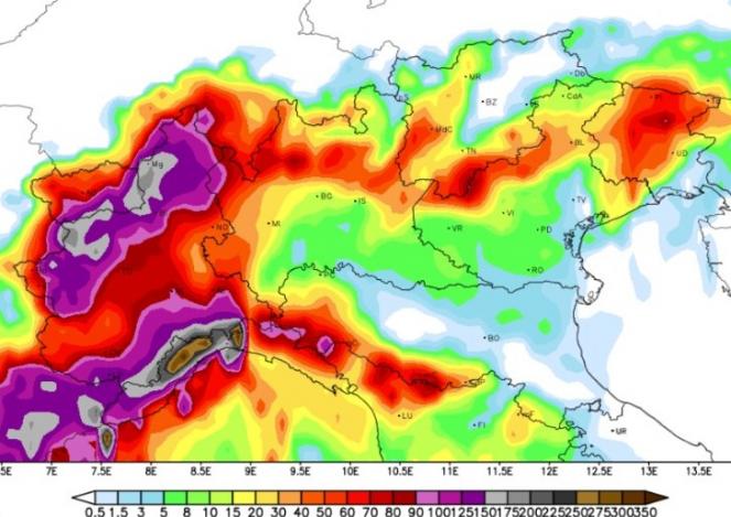Precipitazioni previste nelle 24 ore di sabato, fino a 150/200mm sull'entroterra ligure di Ponente