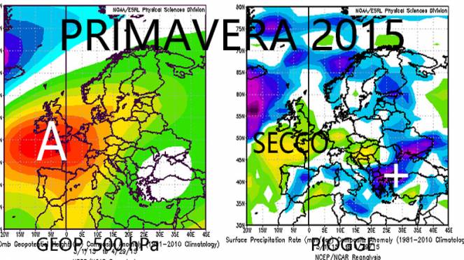 primavera 2015. anomalie geopotenziale a 500 hpa e piogge