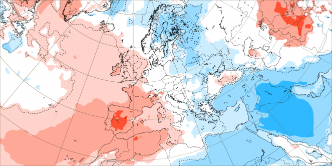 Proiezione dell'anomalia di temperatura prevista per la settimana 24 aprile - 1 maggio