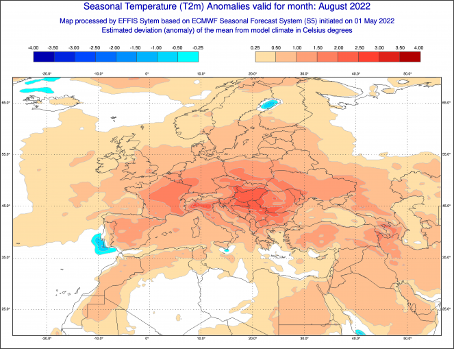 Proiezione dell'anomalia media di temperatura riferita al mese di agosto 2022. Fonte: effis.jrc.ec.europa.eu