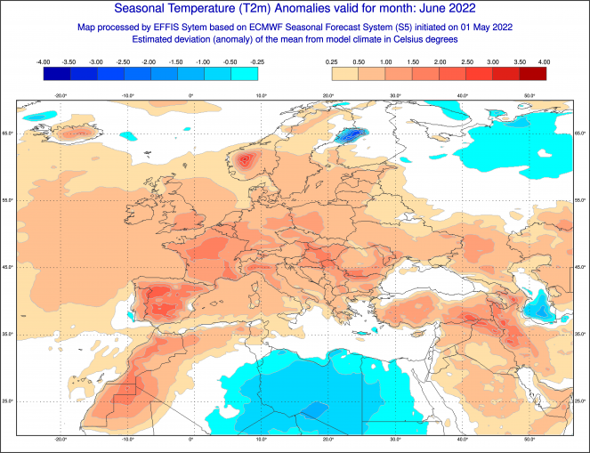 Proiezione dell'anomalia media di temperatura riferita al mese di giugno 2022. Fonte: effis.jrc.ec.europa.eu