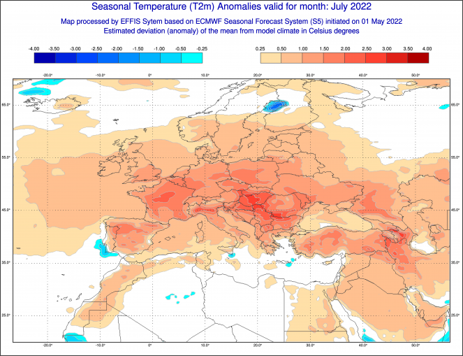 Proiezione dell'anomalia media di temperatura riferita al mese di luglio 2022. Fonte: effis.jrc.ec.europa.eu