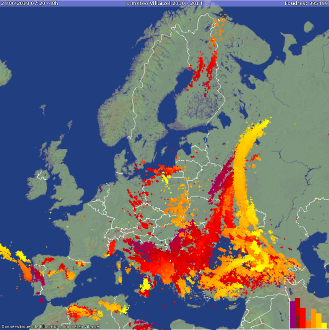 Quasi 400 mila fulmini rilevati in Europa nelle ultime 48 ore (Fonte immagine: blitzortung.org)