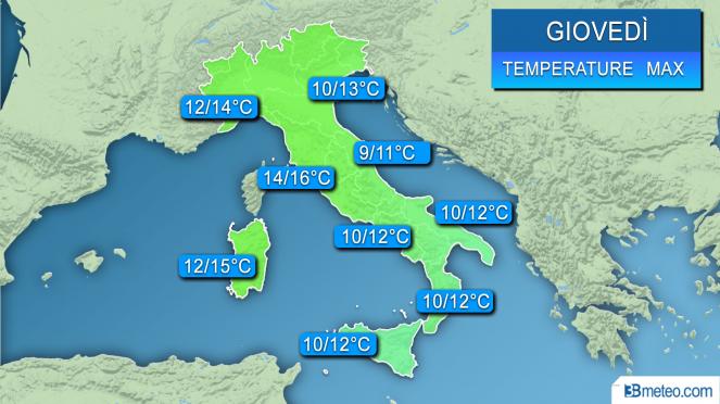 Range di temperature massime previsto sull'Italia nella giornata di giovedì