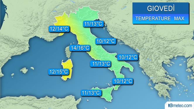 Range di temperature massime previsto sull'Italia nella giornata di giovedì