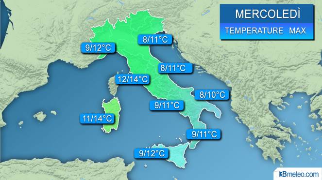 Range di temperature massime previsto sull'Italia nella giornata di mercoledì