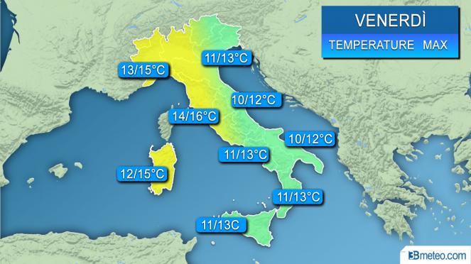 Range di temperature massime previsto sull'Italia nella giornata di venerdì