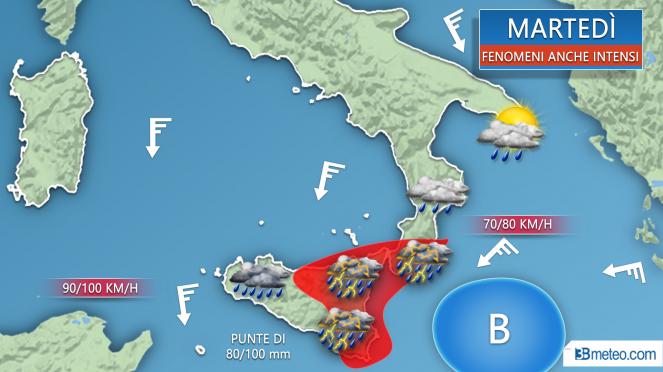 Rischio forti piogge e temporali tra bassa Calabria e Sicilia orientale
