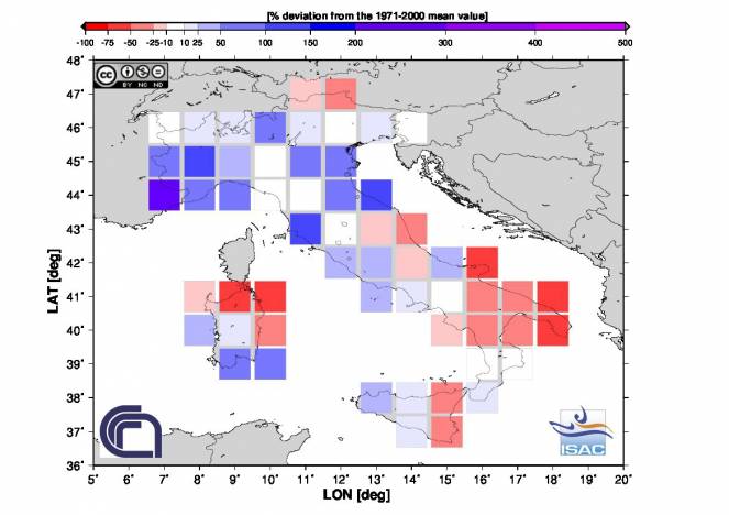 Scarti pluviometrici a Dicembre 2014 in Italia (fonte Isac-Cnr)