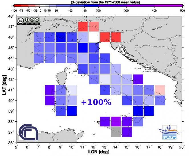 Scarti pluviometrici a Febbraio 2015 (fonte ISAC-CNR)