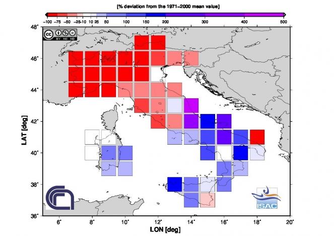 Scarti pluviometrici a Gennaio 2017 in Italia (fonte Isac-Cnr)