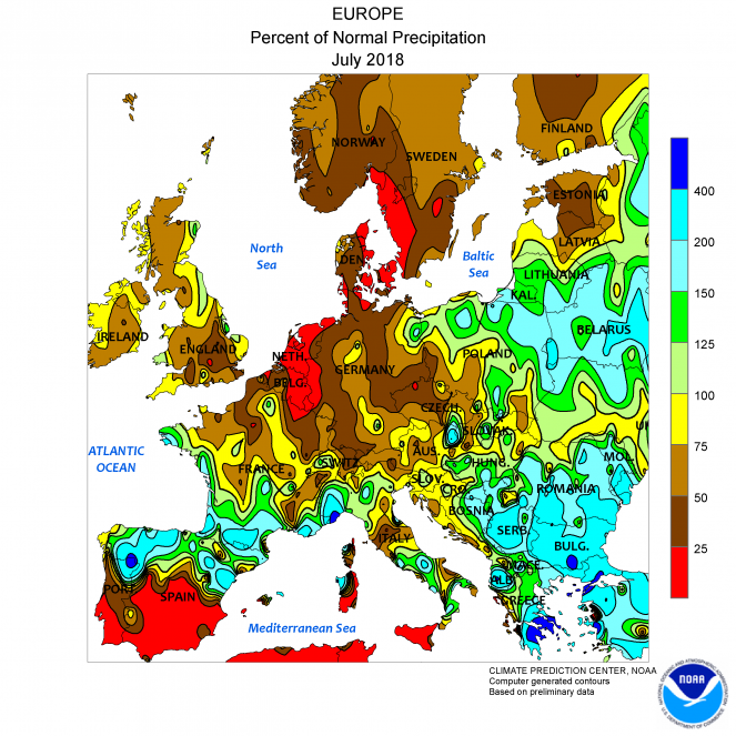 Scarti pluviometrici a Luglio 2018 in Europa (fonte NOAA)